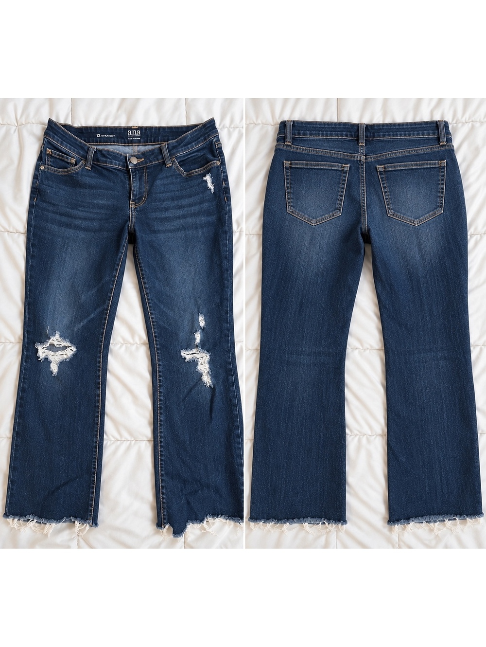 a.n.a Women's Size 12 Straight Leg Distressed Dark Blue Jeans